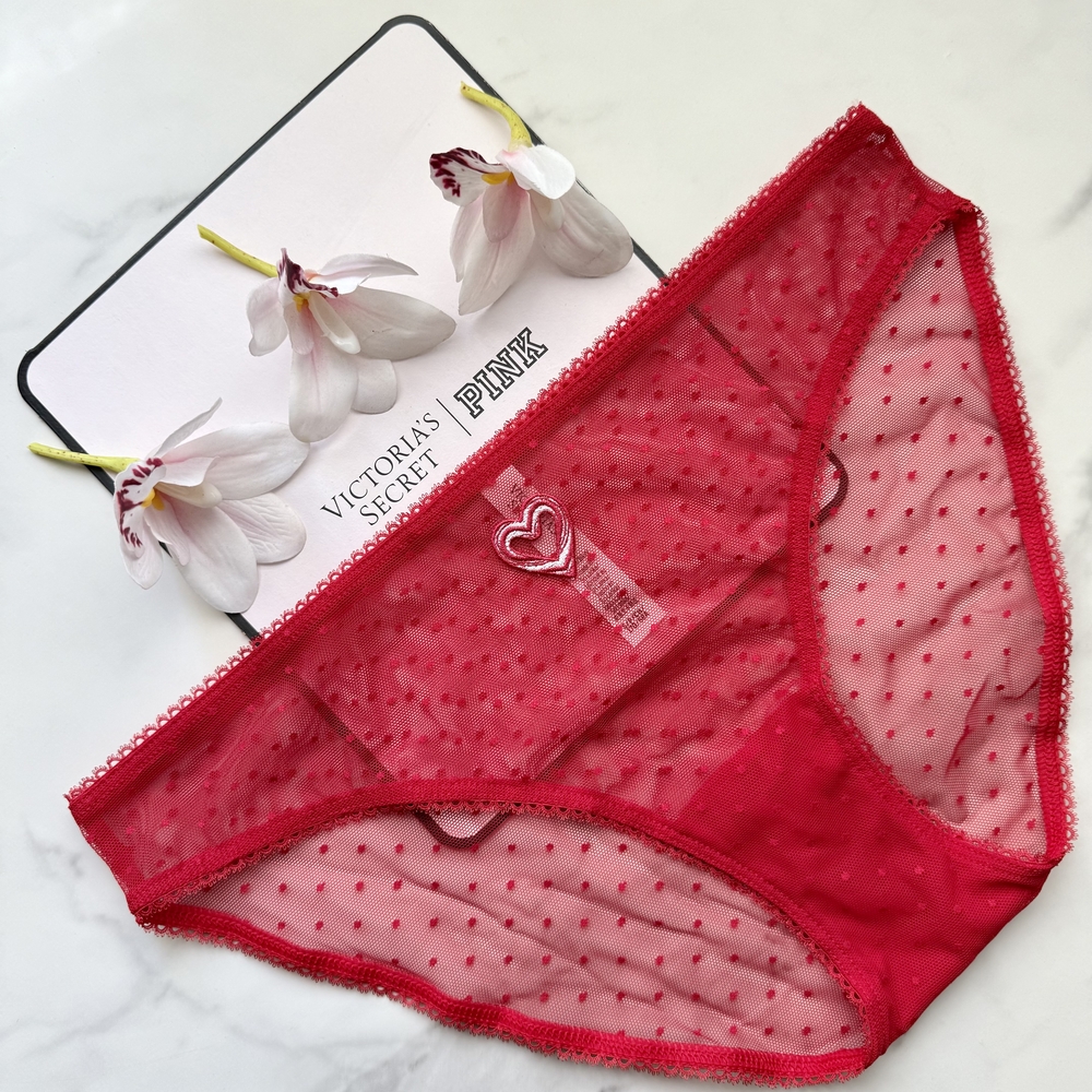 NWOT VICTORIA SECRET THE LACIE DOT MESH BIKINI PANTY IN LIPSTICK SIZE S/M/L/XL
